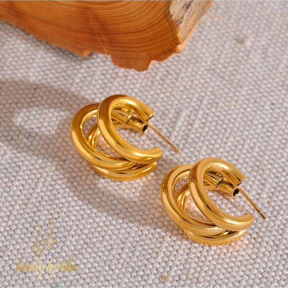 NEW 14K Yellow Gold Trifinity Boho Multi Hoop Statement Luxury Stud Earrings - Picture 3 of 10